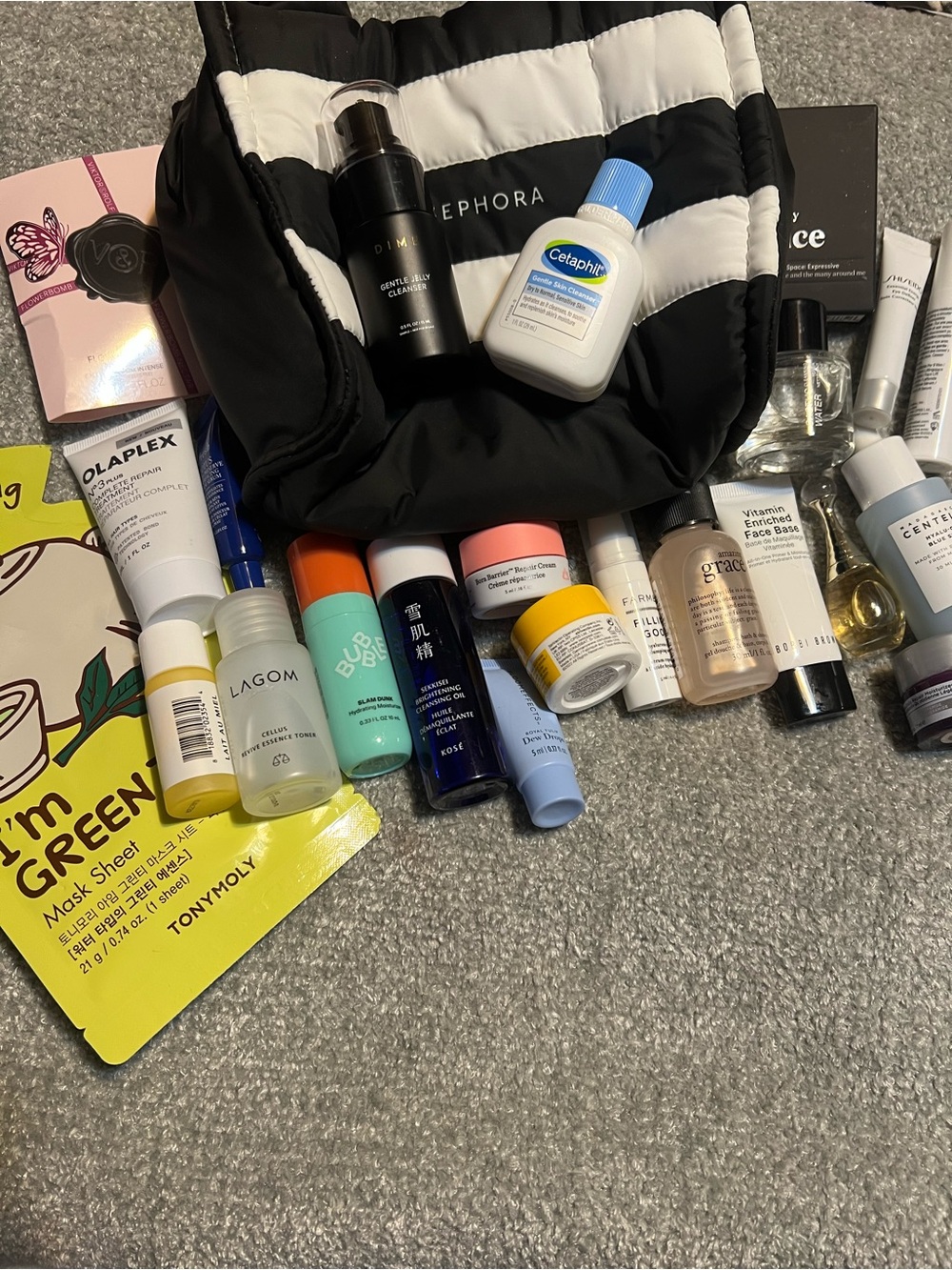 Sephora Black Quilted Mini Tote with variety of trial sizes